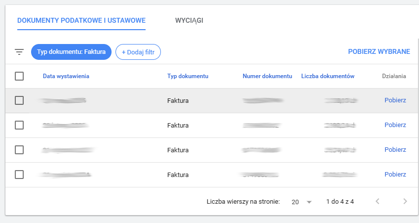 pobieranie faktury z google ads