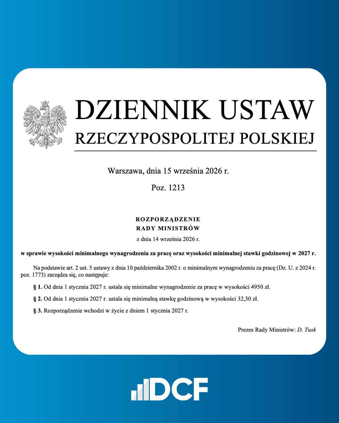 Skan z Dziennika Ustaw: płaca minimalna 2027 i nowa stawka godzinowa